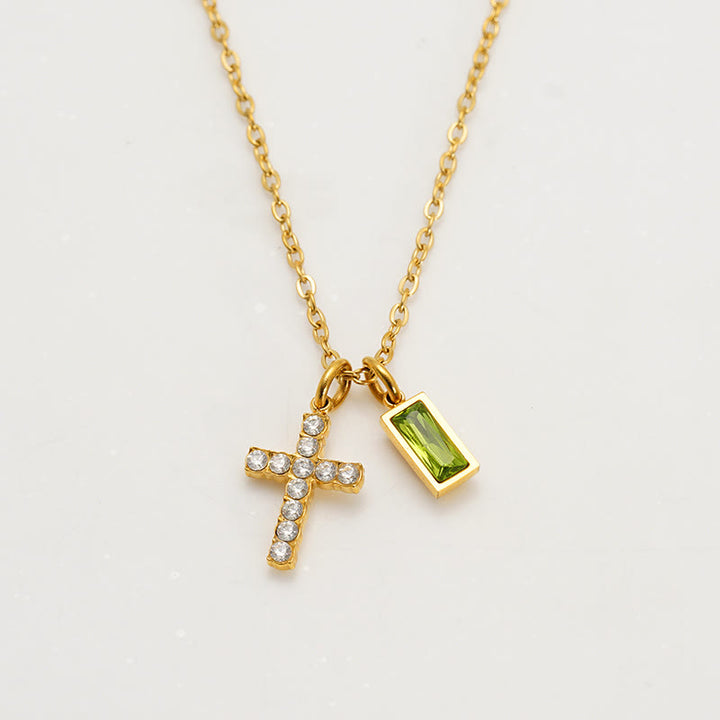 Christianartworkshop Collana personalizzata con ciondolo doppio a croce rettangolare con pietra e brillantini, che indica il mese di nascita: un simbolo senza tempo di dolce protezione celeste. - agosto - image 12