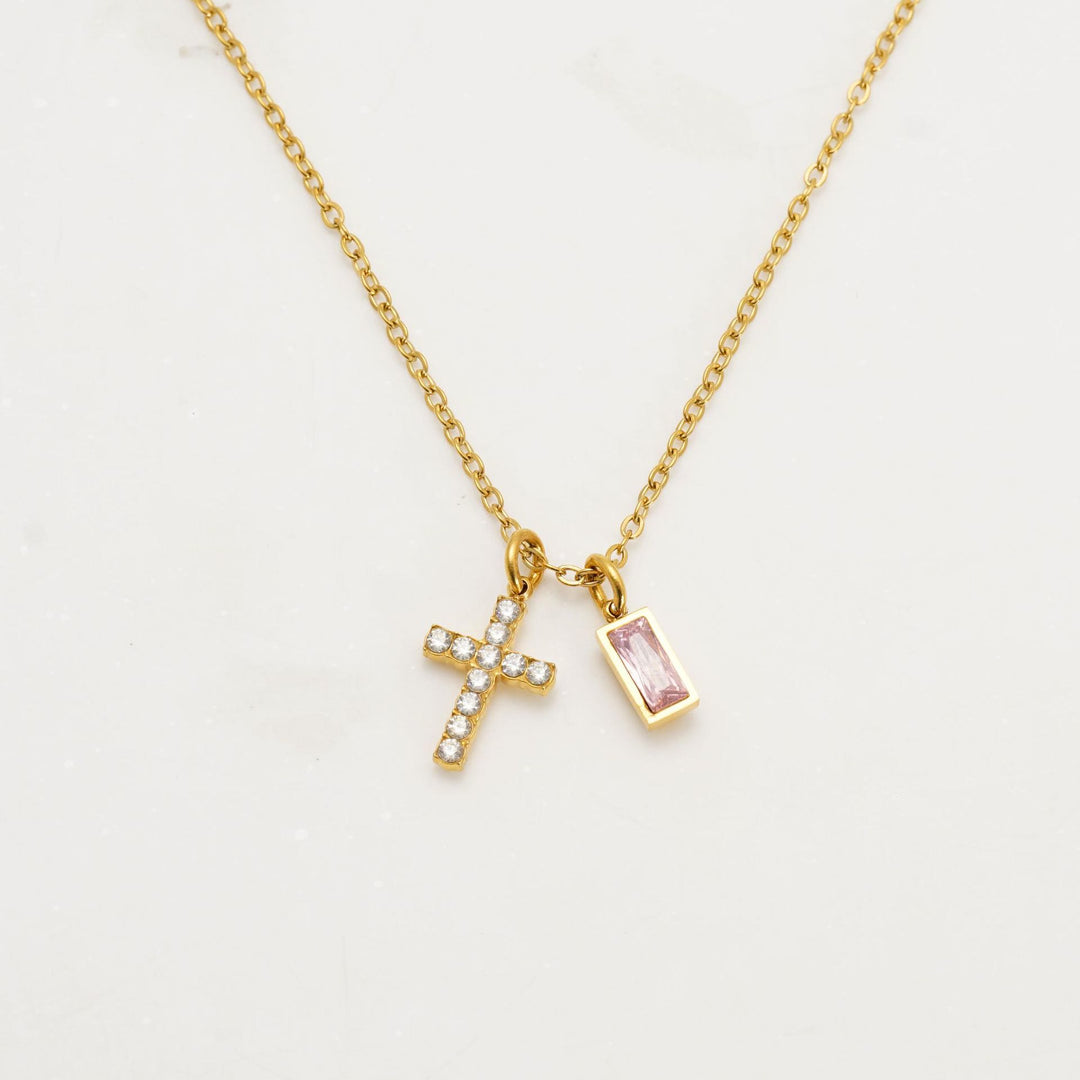 Christianartworkshop Collana personalizzata con ciondolo doppio a croce rettangolare con pietra e brillantini, che indica il mese di nascita: un simbolo senza tempo di dolce protezione celeste. - ottobre - image 14