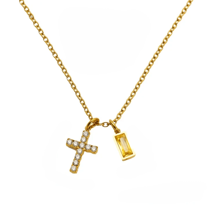 Christianartworkshop Collana personalizzata con ciondolo doppio a croce rettangolare con pietra e brillantini, che indica il mese di nascita: un simbolo senza tempo di dolce protezione celeste. - novembre - image 15
