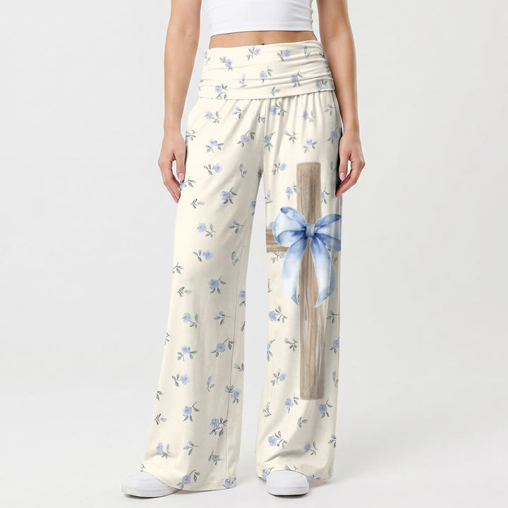 Christianartworkshop Pantaloni a gamba larga con stampa floreale acquerellata a piccoli motivi floreali, texture effetto legno, croce e fiocco blu. - US22, UK/AU26, EU54 (6XL) - image 0