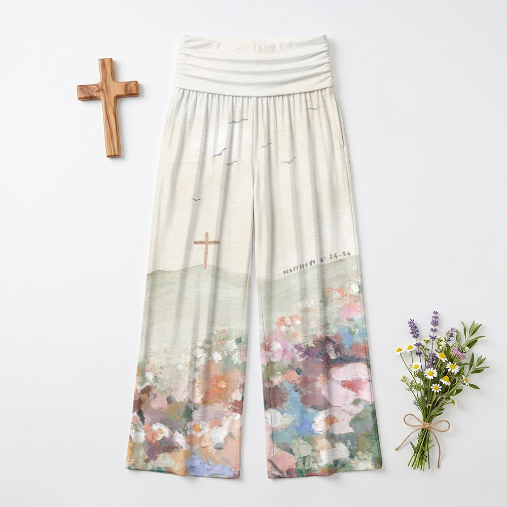 Christianartworkshop Pantaloni a gamba larga a vita alta con stampa paesaggistica, croce e gabbiano (Matteo 6:25-34). - US22, UK/AU26, EU54 (6XL) - image 0