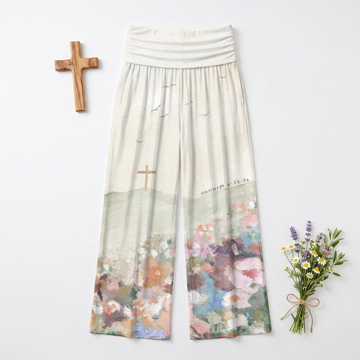 Christianartworkshop Pantaloni a gamba larga a vita alta con stampa paesaggistica, croce e gabbiano (Matteo 6:25-34). - US22, UK/AU26, EU54 (6XL) - image 0