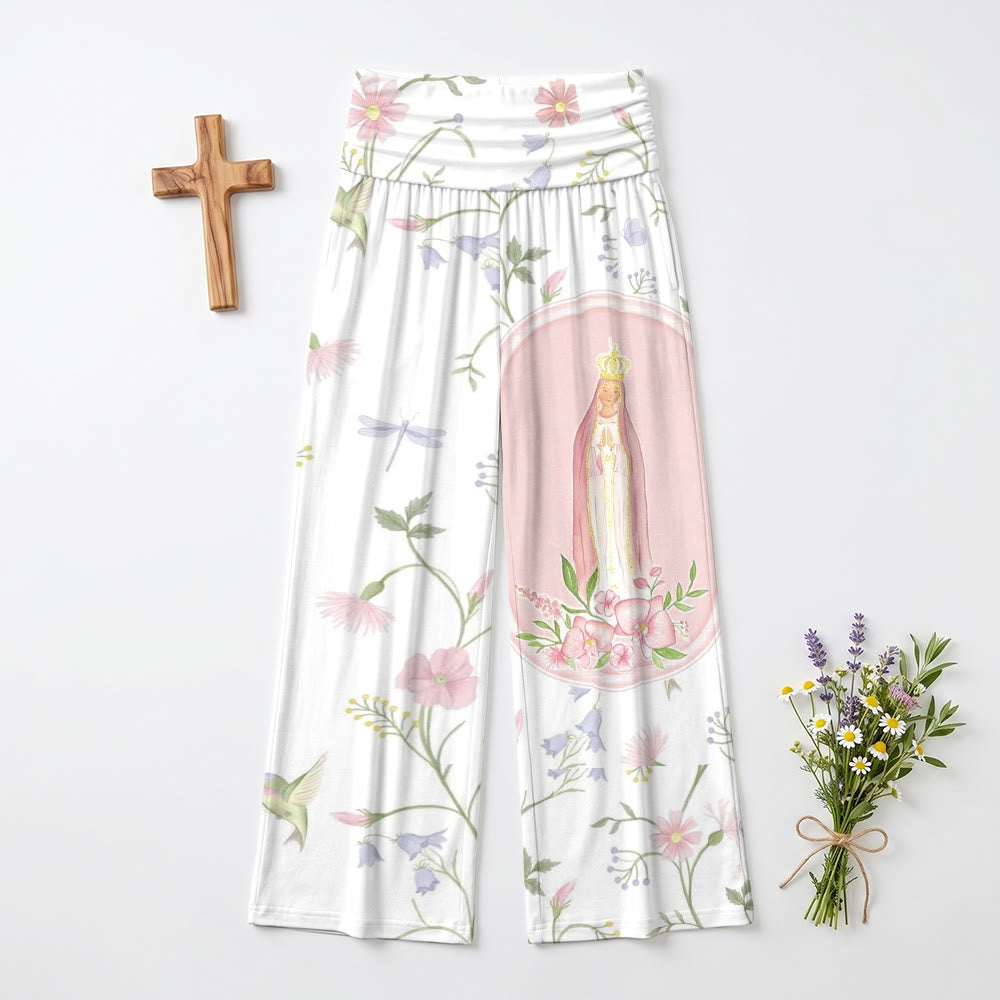 Christianartworkshop Stampa su pannello con motivo floreale ad acquerello, vite, libellula, colibrì e ritratto della Madonna, pantaloni a vita alta e gamba larga - image 1