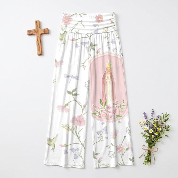 Christianartworkshop Stampa su pannello con motivo floreale ad acquerello, vite, libellula, colibrì e ritratto della Madonna, pantaloni a vita alta e gamba larga - image 1