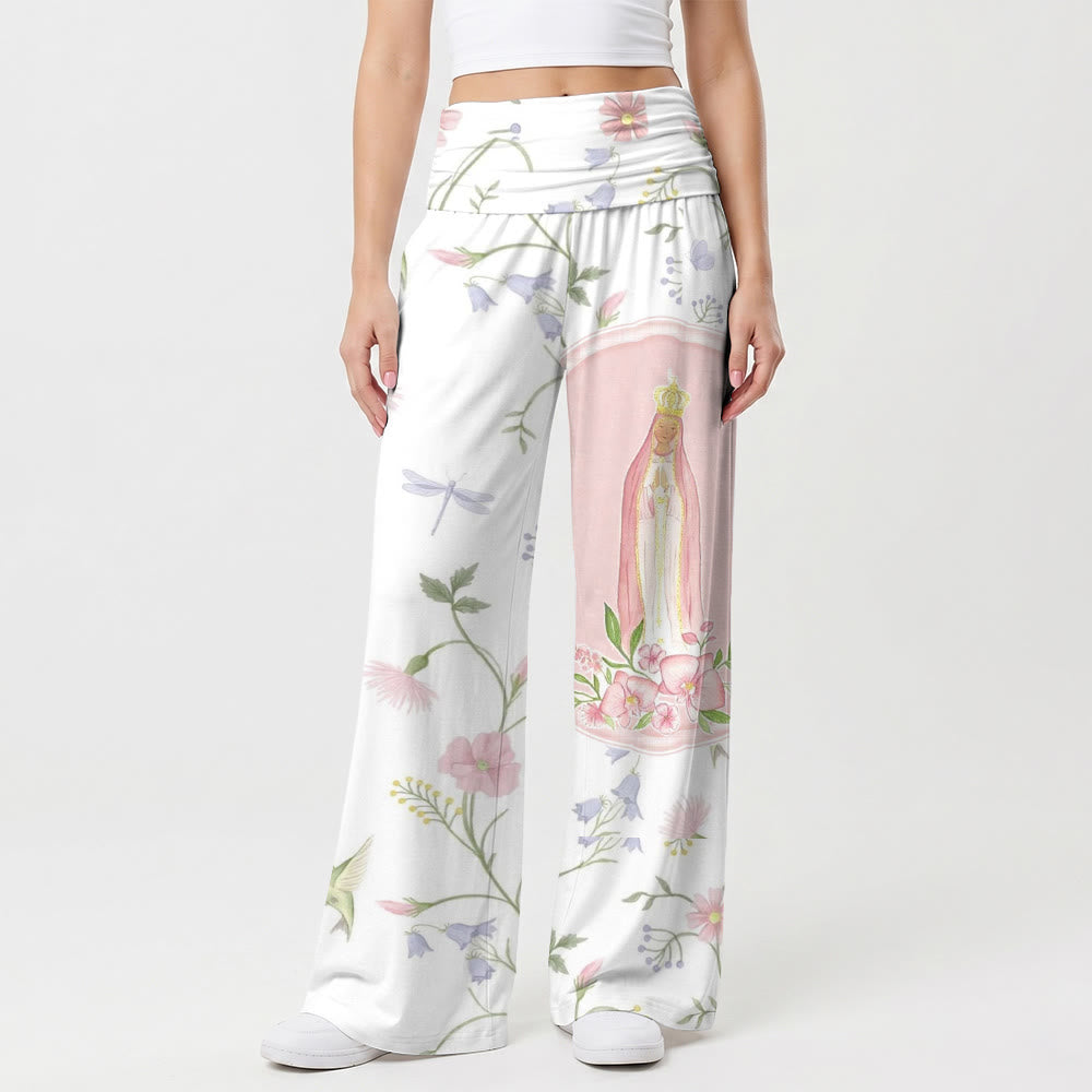 Christianartworkshop Stampa su pannello con motivo floreale ad acquerello, vite, libellula, colibrì e ritratto della Madonna, pantaloni a vita alta e gamba larga - US22,UK/AU26,EU54 (6XL) - image 0