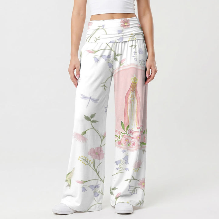 Christianartworkshop Stampa su pannello con motivo floreale ad acquerello, vite, libellula, colibrì e ritratto della Madonna, pantaloni a vita alta e gamba larga - US22,UK/AU26,EU54 (6XL) - image 0
