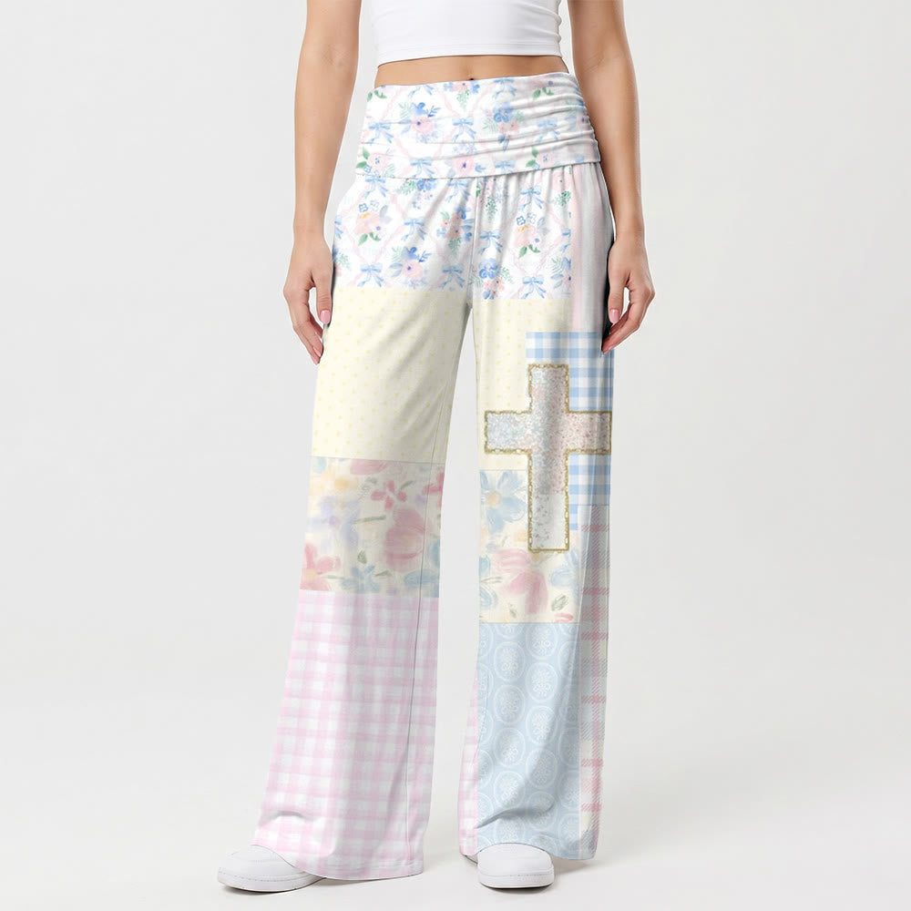 Christianartworkshop Pantaloni a gamba larga con inserti a quadri floreali e glitter, vita alta e trama a patchwork, vita alta e motivo a quadri. - US22,UK/AU26,EU54 (6XL) - image 0