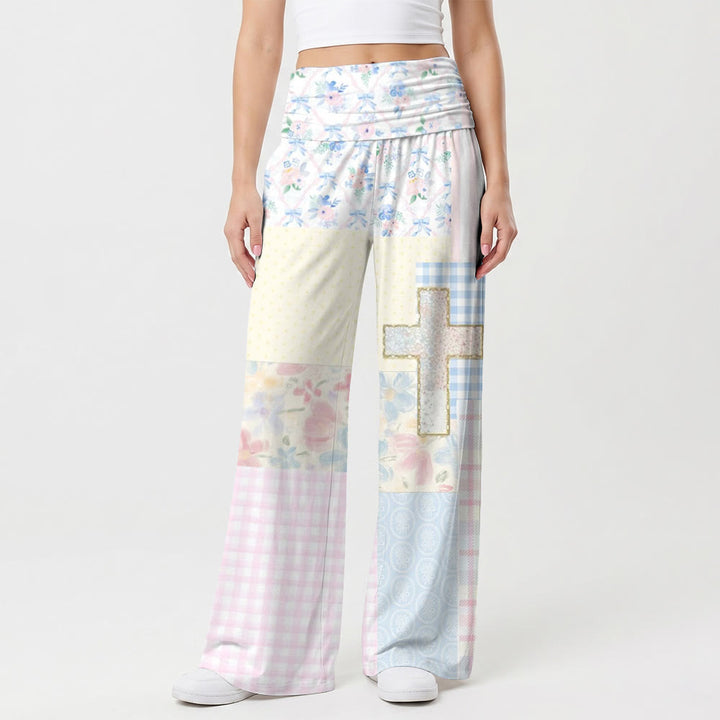 Christianartworkshop Pantaloni a gamba larga con inserti a quadri floreali e glitter, vita alta e trama a patchwork, vita alta e motivo a quadri. - US22,UK/AU26,EU54 (6XL) - image 0