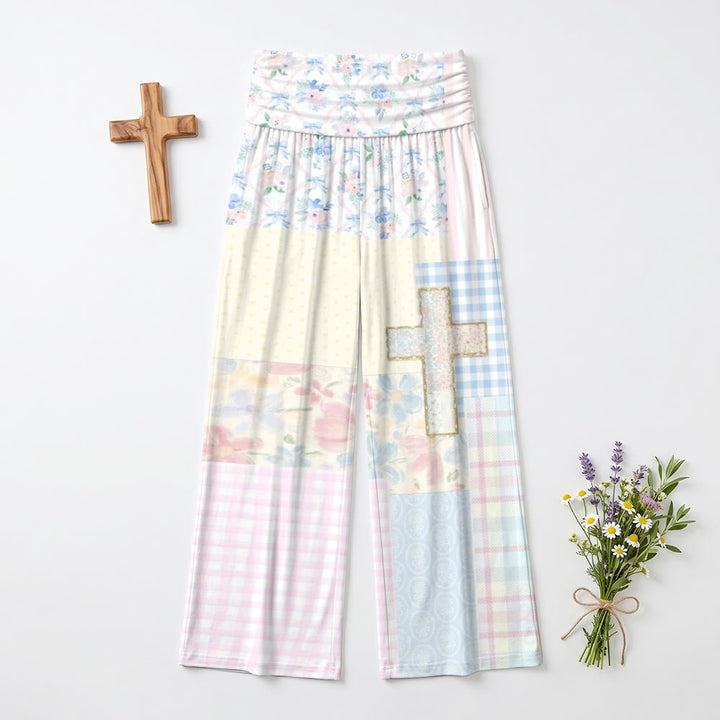 Christianartworkshop Pantaloni a gamba larga con inserti a quadri floreali e glitter, vita alta e trama a patchwork, vita alta e motivo a quadri. - image 1