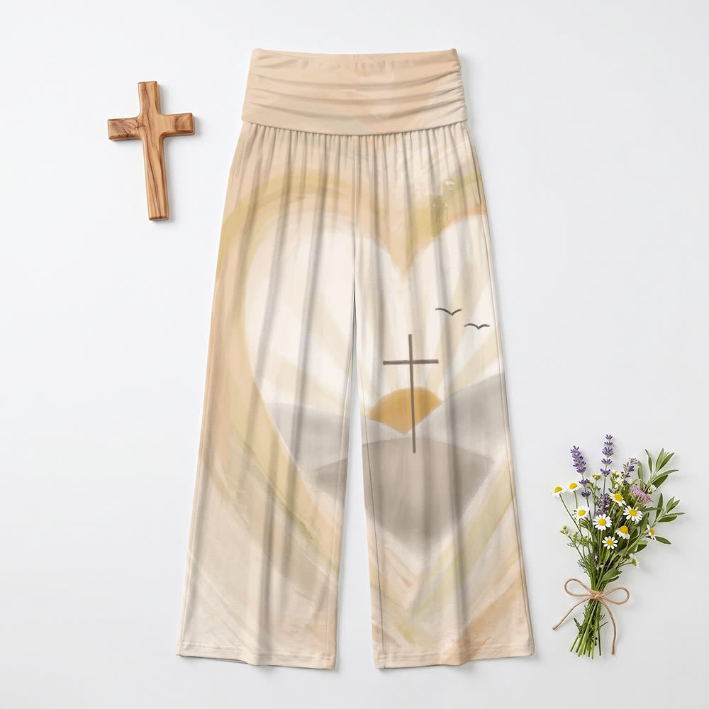 Christianartworkshop Pantaloni a gamba larga con motivo a cuore acquerello, alone, croce, gabbiano, alba, paesaggio, vita alta - US22,UK/AU26,EU54 (6XL) - image 0