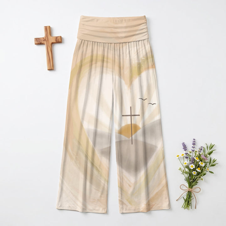 Christianartworkshop Pantaloni a gamba larga con motivo a cuore acquerello, alone, croce, gabbiano, alba, paesaggio, vita alta - US22,UK/AU26,EU54 (6XL) - image 0