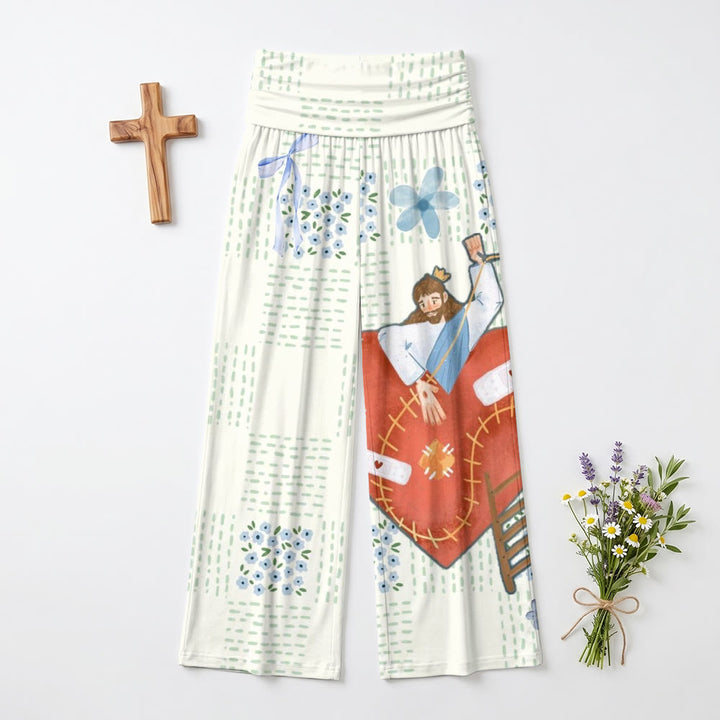 Christianartworkshop Sfondo a pois con fiocco, corona di nontiscordardimé, Gesù, cuore rosso, illustrazione, pantaloni a gamba larga a vita alta - image 2