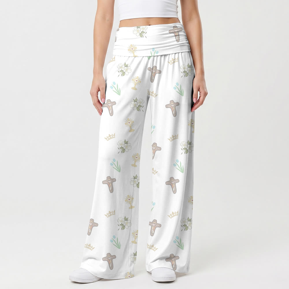 Christianartworkshop Pantaloni a vita alta e gamba larga con stampa all-over a piccoli motivi: Crocifisso, Corona, Eucaristia, Fiore Bianco, Tulipano - US22,UK/AU26,EU54 (6XL) - image 0