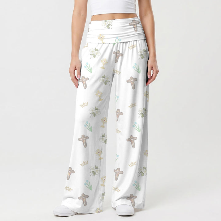 Christianartworkshop Pantaloni a vita alta e gamba larga con stampa all-over a piccoli motivi: Crocifisso, Corona, Eucaristia, Fiore Bianco, Tulipano - US22,UK/AU26,EU54 (6XL) - image 0