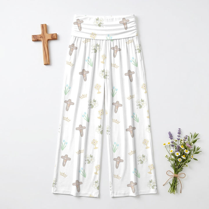 Christianartworkshop Pantaloni a vita alta e gamba larga con stampa all-over a piccoli motivi: Crocifisso, Corona, Eucaristia, Fiore Bianco, Tulipano - image 2
