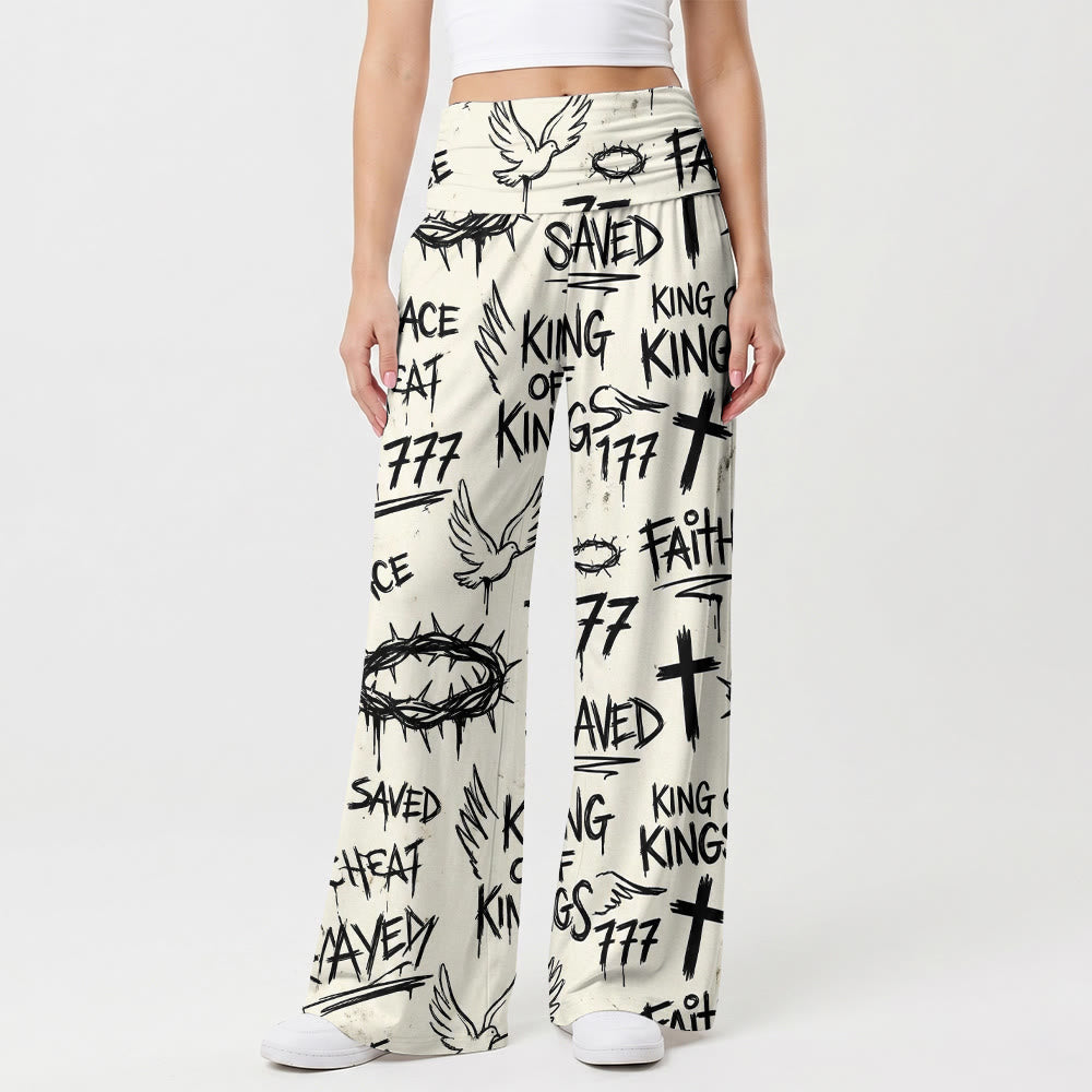 Christianartworkshop Stile graffiti Corona di spine Colomba Croce Fede Salvata Testo Tutti i pantaloni a vita alta gamba larga con stampa - US22,UK/AU26,EU54 (6XL) - image 0