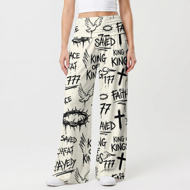 Christianartworkshop Stile graffiti Corona di spine Colomba Croce Fede Salvata Testo Tutti i pantaloni a vita alta gamba larga con stampa - US22,UK/AU26,EU54 (6XL) - image 0