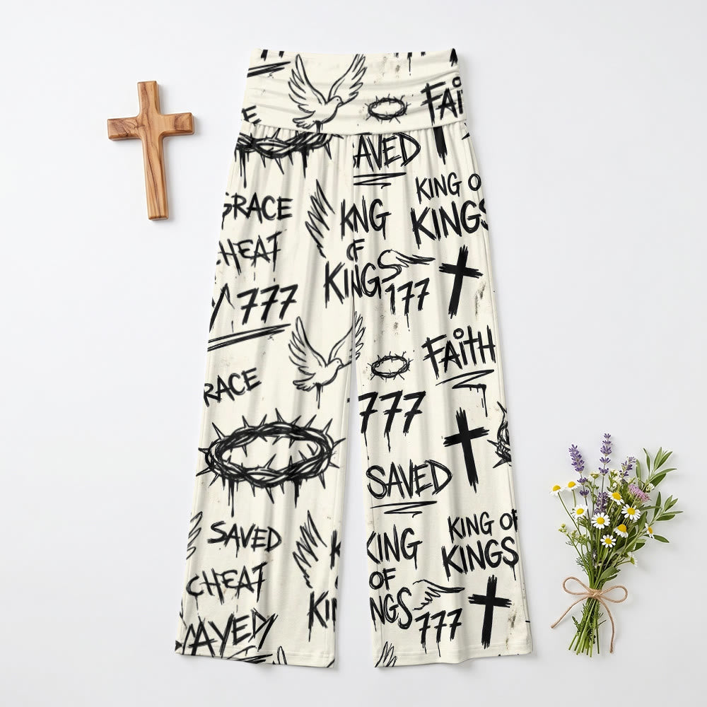 Christianartworkshop Stile graffiti Corona di spine Colomba Croce Fede Salvata Testo Tutti i pantaloni a vita alta gamba larga con stampa - image 2
