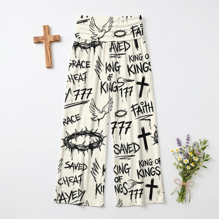 Christianartworkshop Stile graffiti Corona di spine Colomba Croce Fede Salvata Testo Tutti i pantaloni a vita alta gamba larga con stampa - image 2
