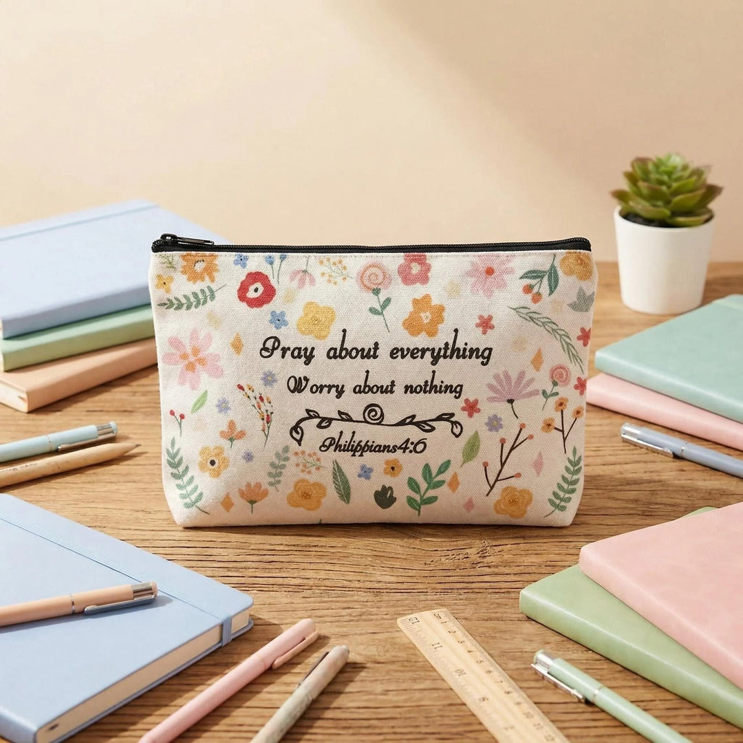 Christianartworkshop Filippesi 4:6 Scrittura floreale Prega per ogni cosa Borsa cosmetica da viaggio: Abbraccia la Sua pace nella vita quotidiana - Filippesi 4:6 - image 0