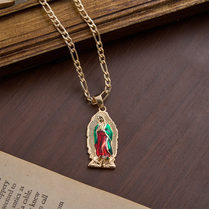 Ciondolo elegante con bordo a raggiera della Vergine di Guadalupe in smalto, catena Figaro spessa, Christianartworkshop. - image 7