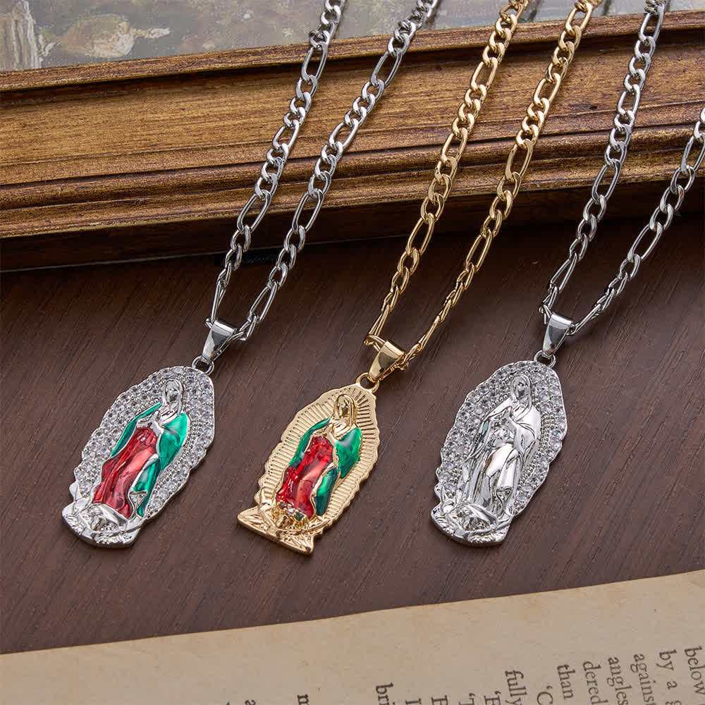 Ciondolo elegante con bordo a raggiera della Vergine di Guadalupe in smalto, catena Figaro spessa, Christianartworkshop. - image 5