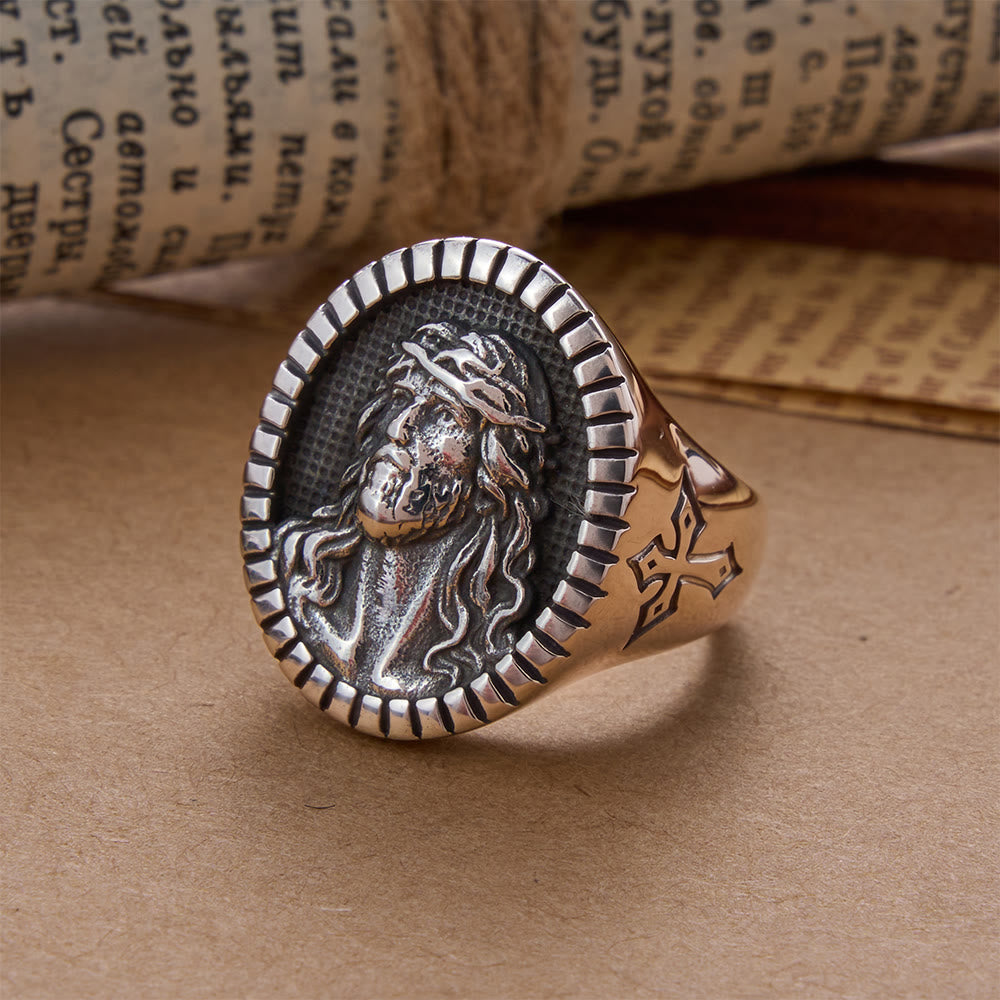 Christianartworkshop Anello di benedizione vintage con croce e testa di Cristo Gesù - US 13 - Argento - image 1