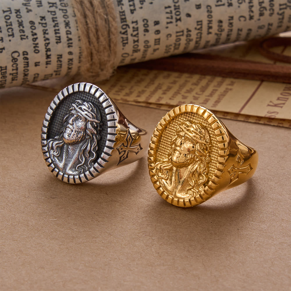 Christianartworkshop Anello di benedizione vintage con croce e testa di Cristo Gesù - image 0