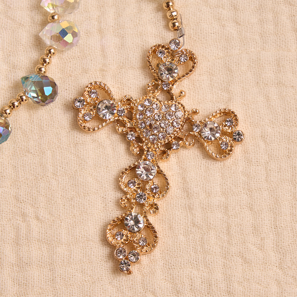 Christianartworkshop Rosario in vetro a goccia con sfumature iridescenti, croce dorata impreziosita da gioielli e medaglione della Madonna di Aparecida. - image 8