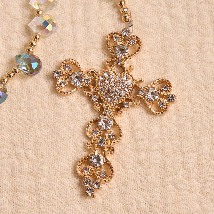 Christianartworkshop Rosario in vetro a goccia con sfumature iridescenti, croce dorata impreziosita da gioielli e medaglione della Madonna di Aparecida. - image 8