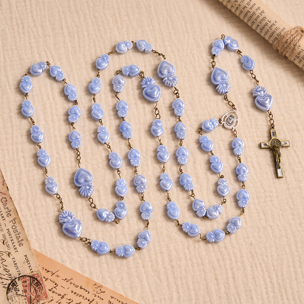 Rosario in ceramica con Sacro Cuore, smalto lucido, con medaglione raffigurante il Sacro Cuore, Christianartworkshop. - image 2