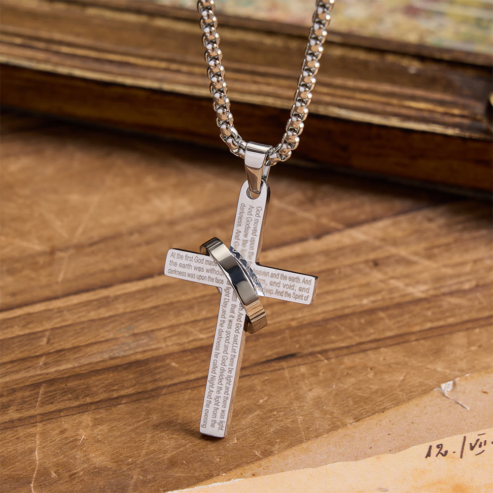Christianartworkshop Collana con croce a maglia quadrata in acciaio al titanio e anello avvolto con iscrizione laser: emblema di eterna promessa celeste - Argento - image 3