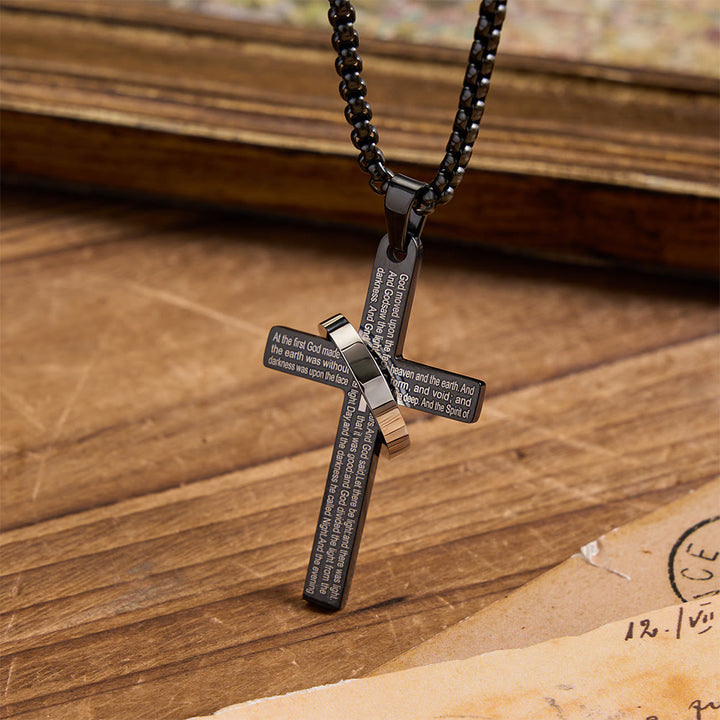 Christianartworkshop Collana con croce a maglia quadrata in acciaio al titanio e anello avvolto con iscrizione laser: emblema di eterna promessa celeste - Nero - image 4