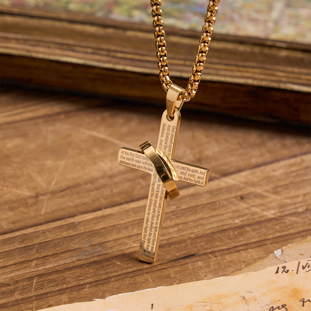 Christianartworkshop Collana con croce a maglia quadrata in acciaio al titanio e anello avvolto con iscrizione laser: emblema di eterna promessa celeste - D'oro - image 2