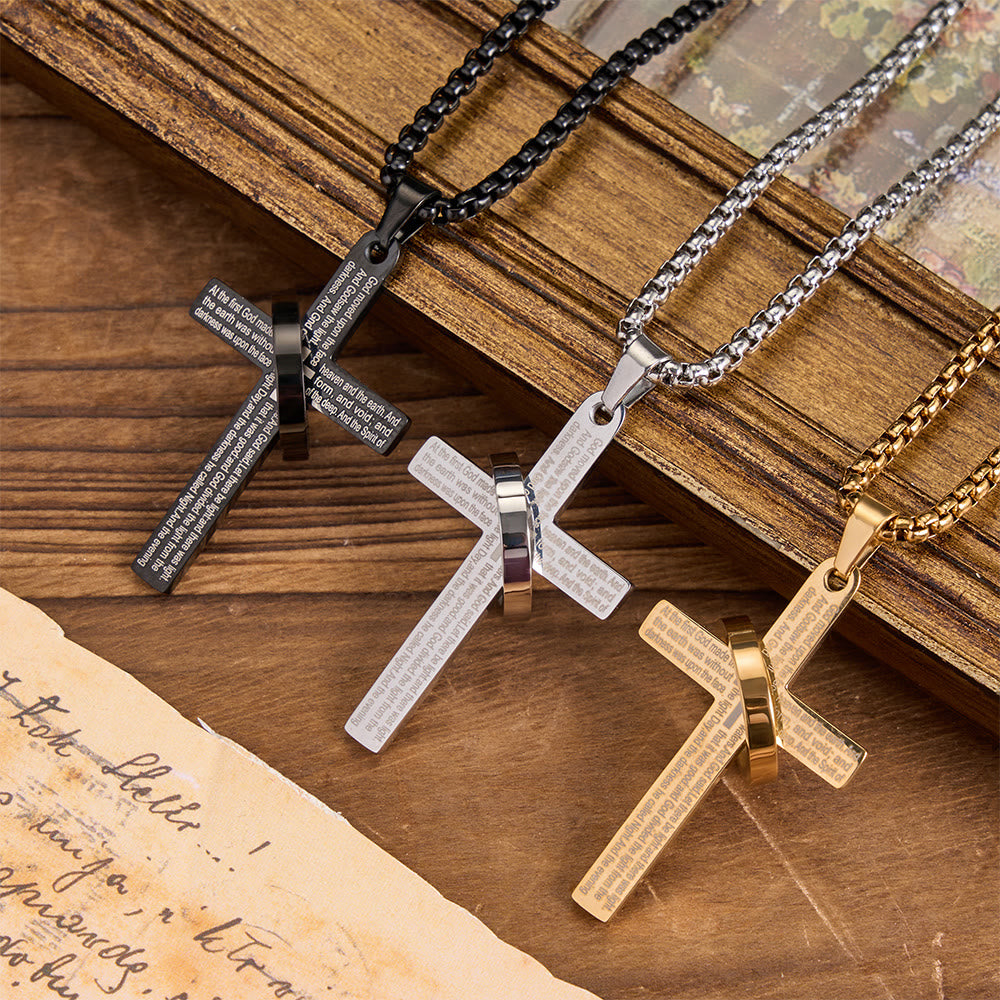 Christianartworkshop Collana con croce a maglia quadrata in acciaio al titanio e anello avvolto con iscrizione laser: emblema di eterna promessa celeste - image 0