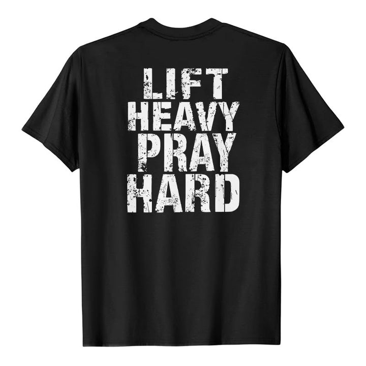 Christianartworkshop Maglietta classica con stampa "Dual-Side Lift Heavy Pray Hard" e scritta effetto invecchiato. - Nero - 2XL - image 15