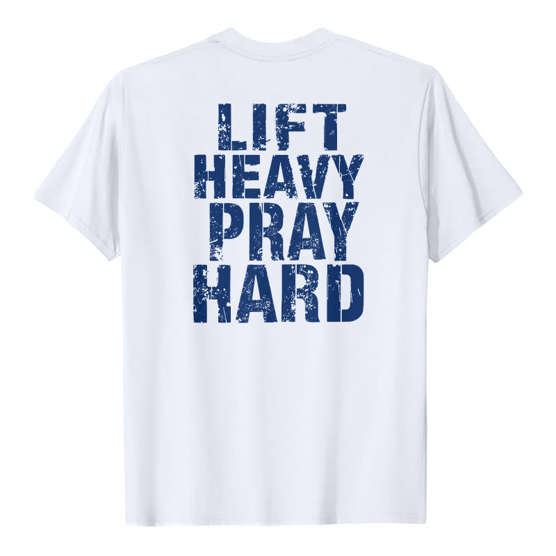 Christianartworkshop Maglietta classica con stampa "Dual-Side Lift Heavy Pray Hard" e scritta effetto invecchiato. - Bianco - 2XL - image 3