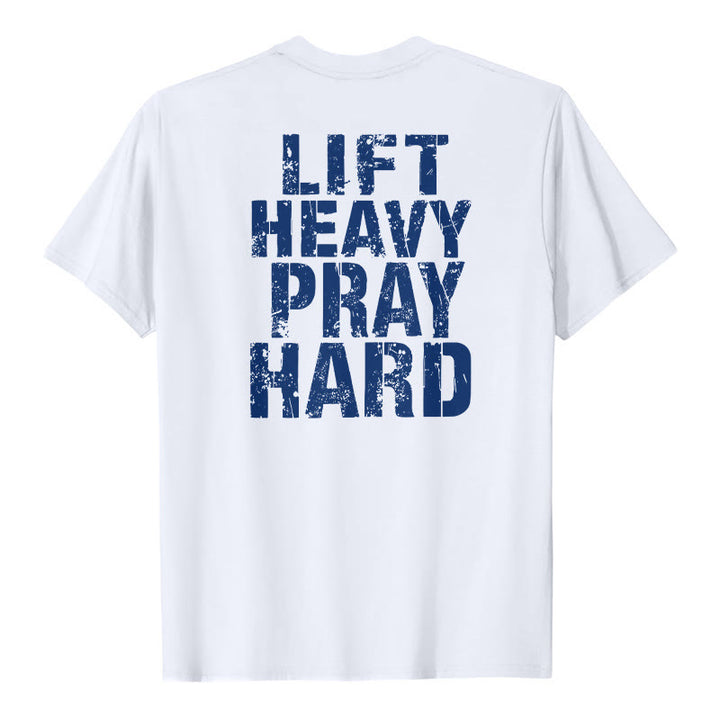 Christianartworkshop Maglietta classica con stampa "Dual-Side Lift Heavy Pray Hard" e scritta effetto invecchiato. - Bianco - 2XL - image 3