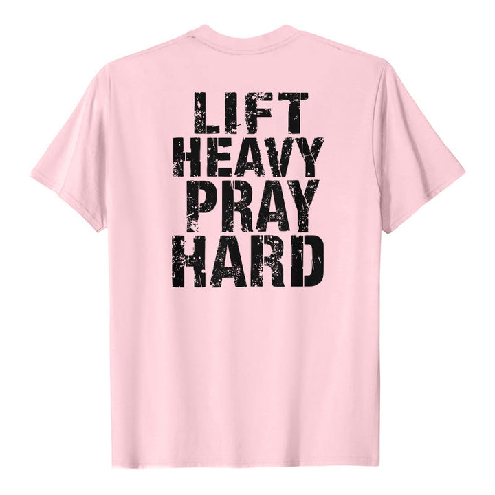 Christianartworkshop Maglietta classica con stampa "Dual-Side Lift Heavy Pray Hard" e scritta effetto invecchiato. - Rosa - 2XL - image 0