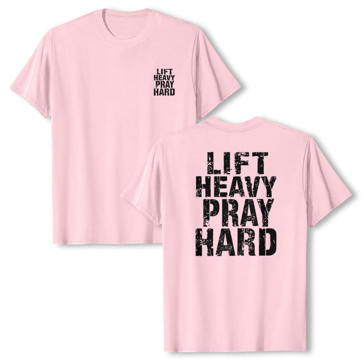 Christianartworkshop Maglietta classica con stampa "Dual-Side Lift Heavy Pray Hard" e scritta effetto invecchiato. - image 1