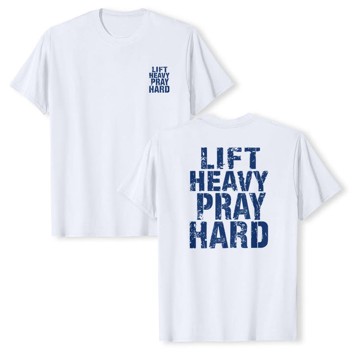 Christianartworkshop Maglietta classica con stampa "Dual-Side Lift Heavy Pray Hard" e scritta effetto invecchiato. - image 4