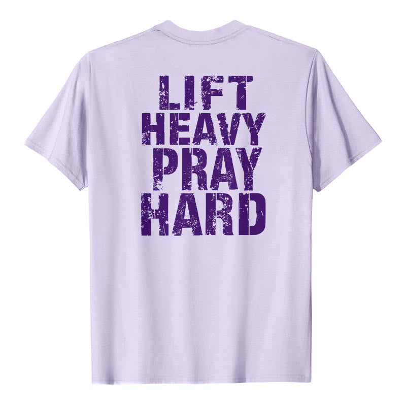 Christianartworkshop Maglietta classica con stampa "Dual-Side Lift Heavy Pray Hard" e scritta effetto invecchiato. - Viola - 2XL - image 21