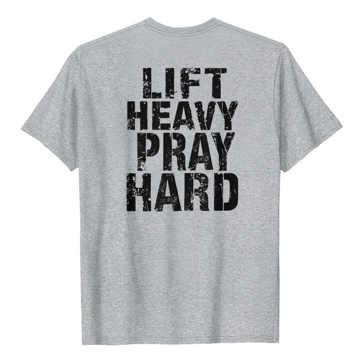 Christianartworkshop Maglietta classica con stampa "Dual-Side Lift Heavy Pray Hard" e scritta effetto invecchiato. - Grigio - 2XL - image 9