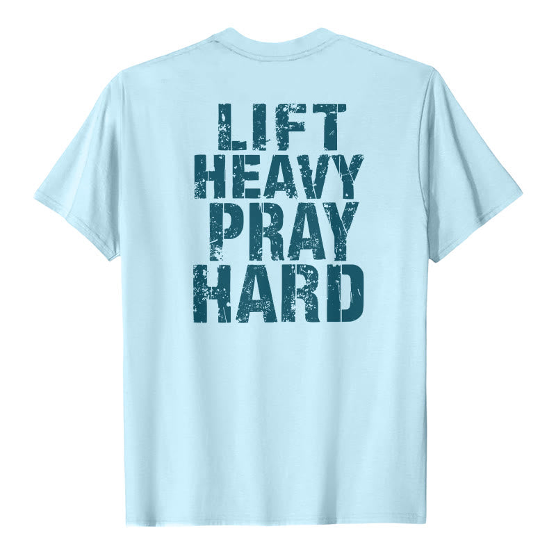 Christianartworkshop Maglietta classica con stampa "Dual-Side Lift Heavy Pray Hard" e scritta effetto invecchiato. - Blu - 2XL - image 18