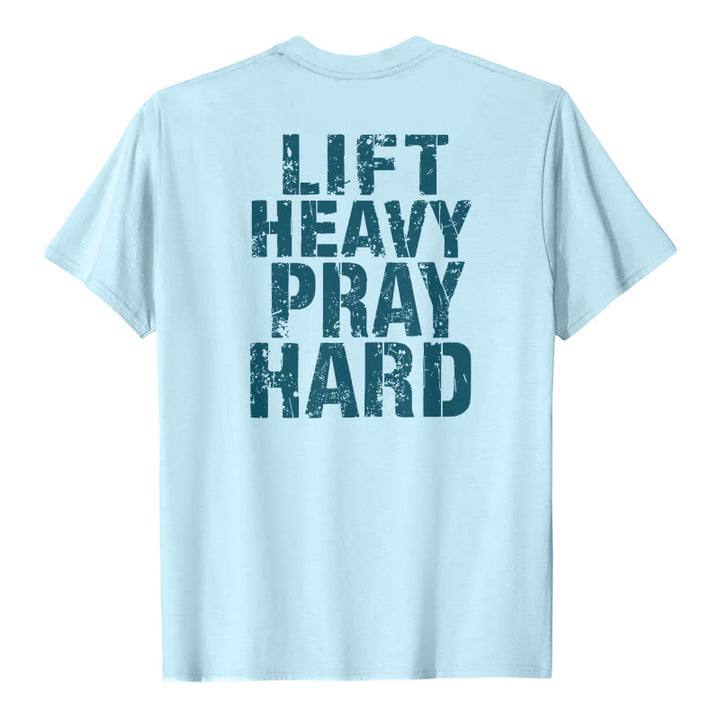Christianartworkshop Maglietta classica con stampa "Dual-Side Lift Heavy Pray Hard" e scritta effetto invecchiato. - Blu - 2XL - image 18