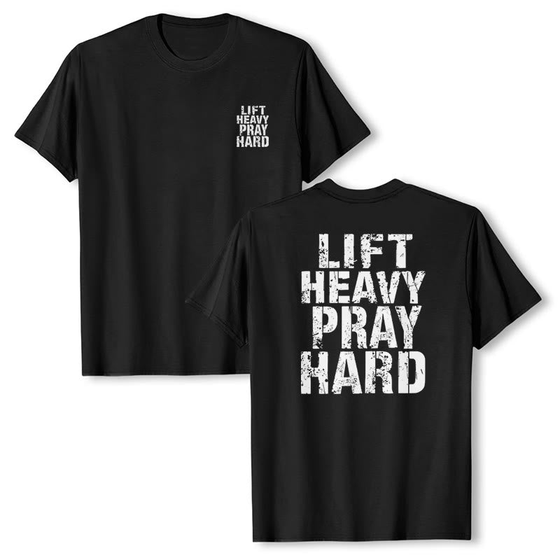 Christianartworkshop Maglietta classica con stampa "Dual-Side Lift Heavy Pray Hard" e scritta effetto invecchiato. - image 16