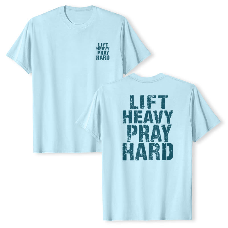 Christianartworkshop Maglietta classica con stampa "Dual-Side Lift Heavy Pray Hard" e scritta effetto invecchiato. - image 19