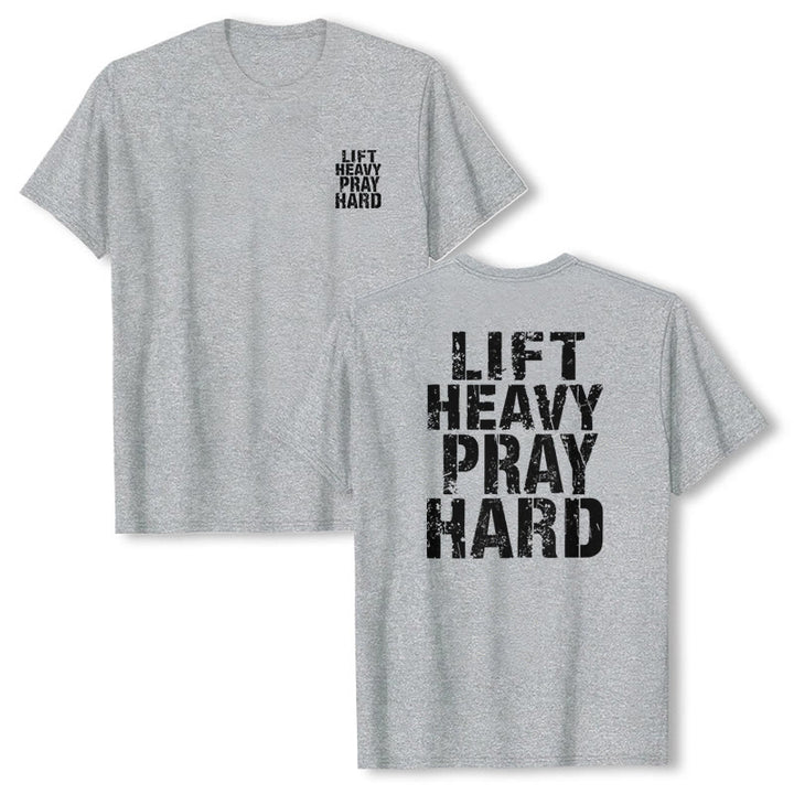 Christianartworkshop Maglietta classica con stampa "Dual-Side Lift Heavy Pray Hard" e scritta effetto invecchiato. - image 10