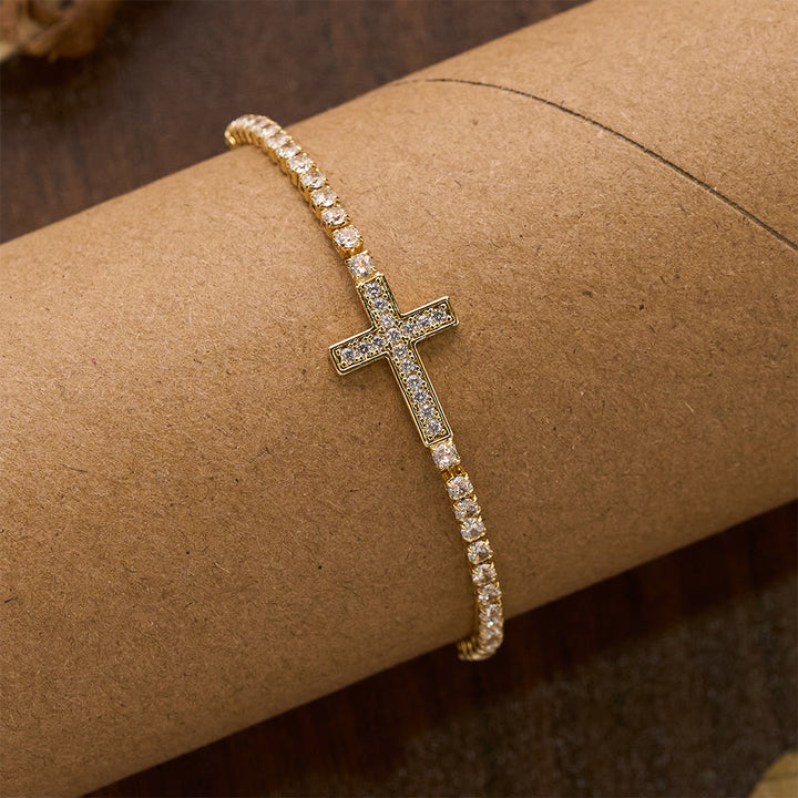Christianartworkshop Bracciale tennis regolabile con chiusura a croce e pavé di zirconi scintillanti: emblema di radiosa guida celeste. - image 8