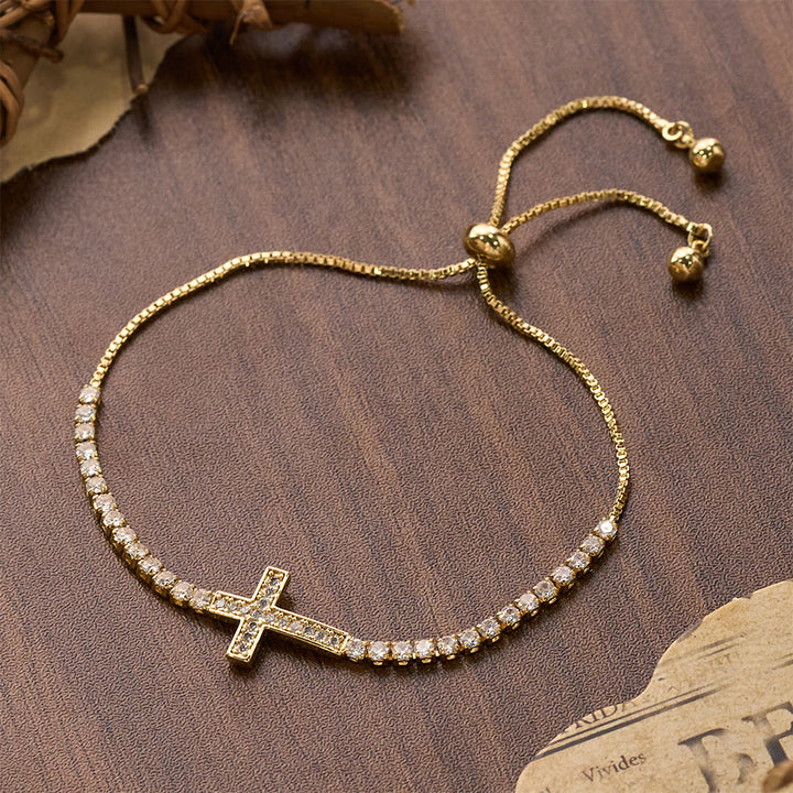 Christianartworkshop Bracciale tennis regolabile con chiusura a croce e pavé di zirconi scintillanti: emblema di radiosa guida celeste. - image 10